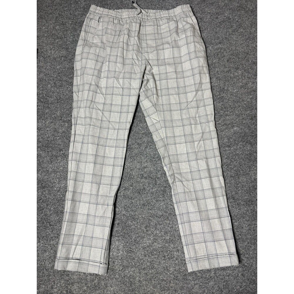 Zara Chino Pants Mens L 32x27 Gray Plaid Regular Elastic Waist Drawstring Casual